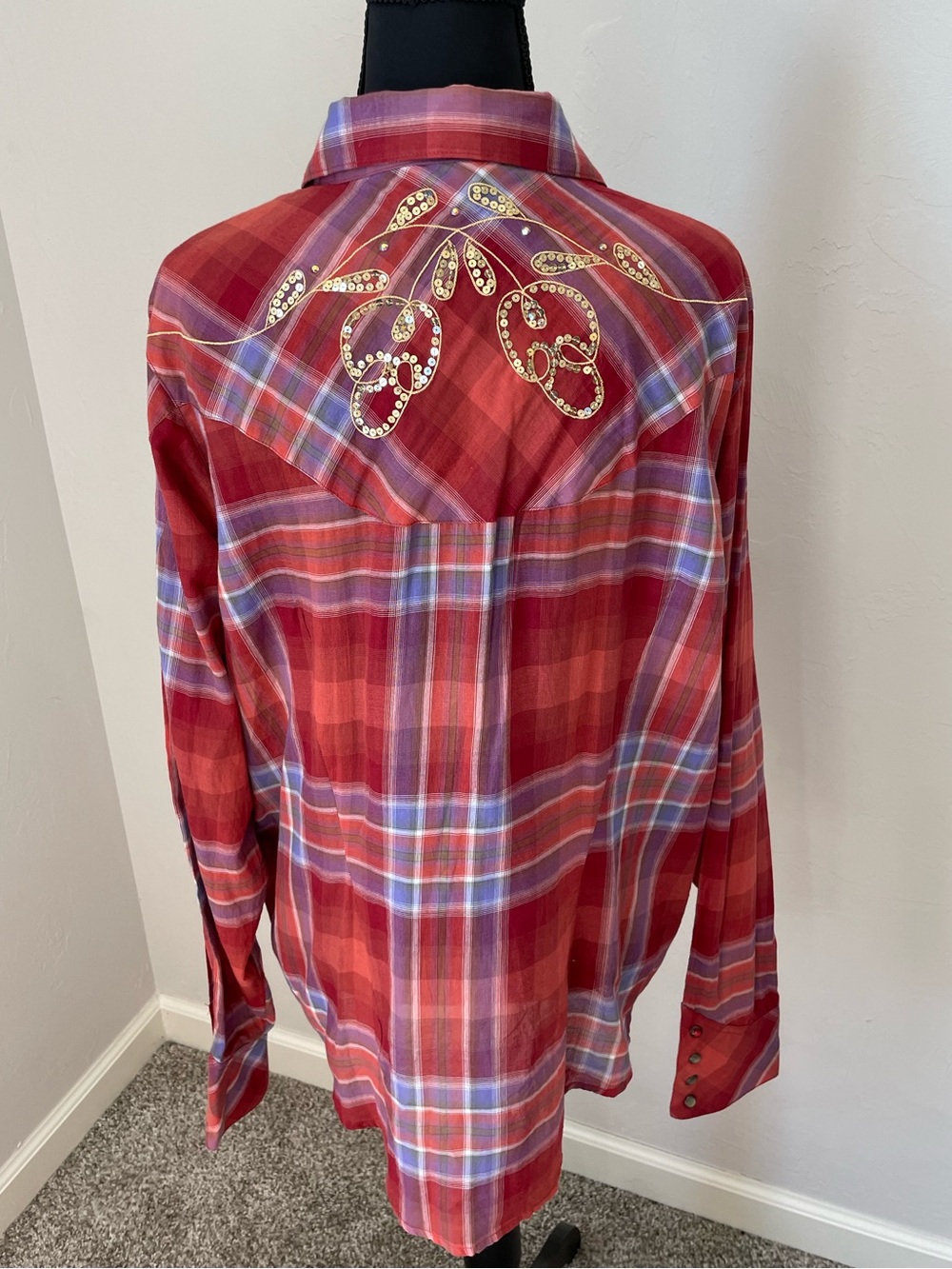 Cruel Girl Red Plaid Button-Down Shirt with Gold Embroidery Pearl Snap - Picture 4 of 6